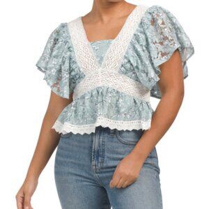 En saison teal flutter sleeve top blouse XS NWT